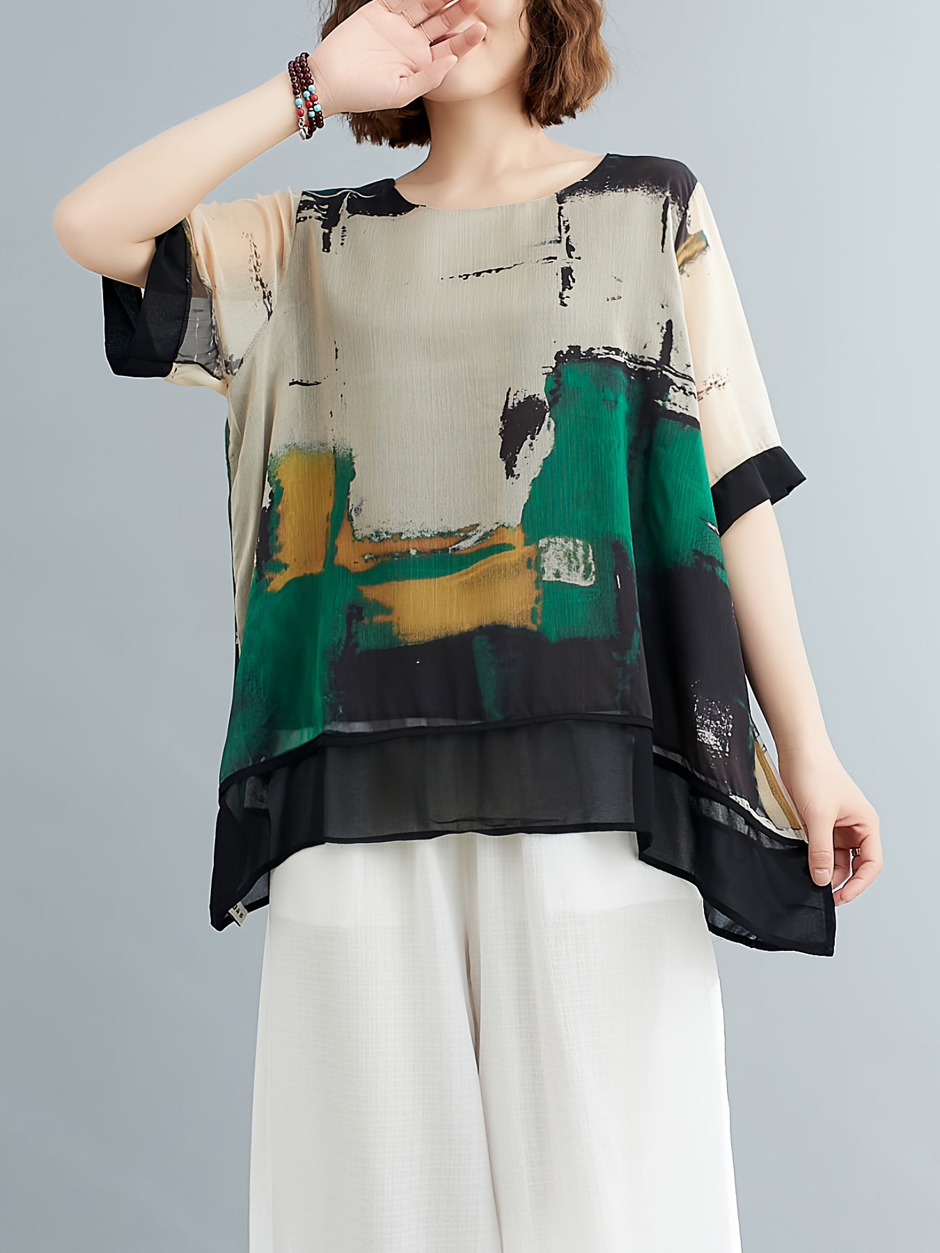 Abstract Print Crew Neck Blouse, Casual Short Sleeve Asymmetric Hem Top For Spring & Summer, Women's Clothing