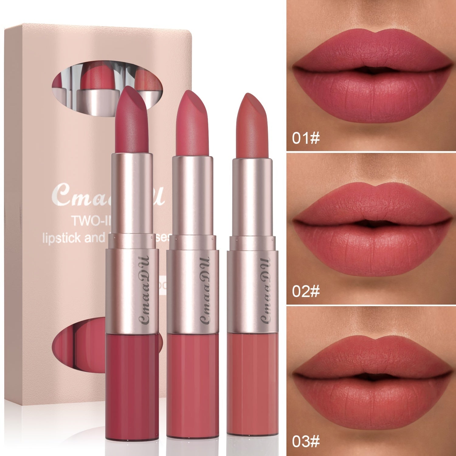 Long-Lasting 3-Color Lipstick & Lip Gloss Set - Double Headed Design for Natural, Lustrous Texture - Perfect Valentine's Day Gift for Women Valentine's Day Gifts