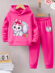 Girl's Winter Hoodie and Leggings Set: Soft Fleece, Pink Bow, and Cute Kitty Design