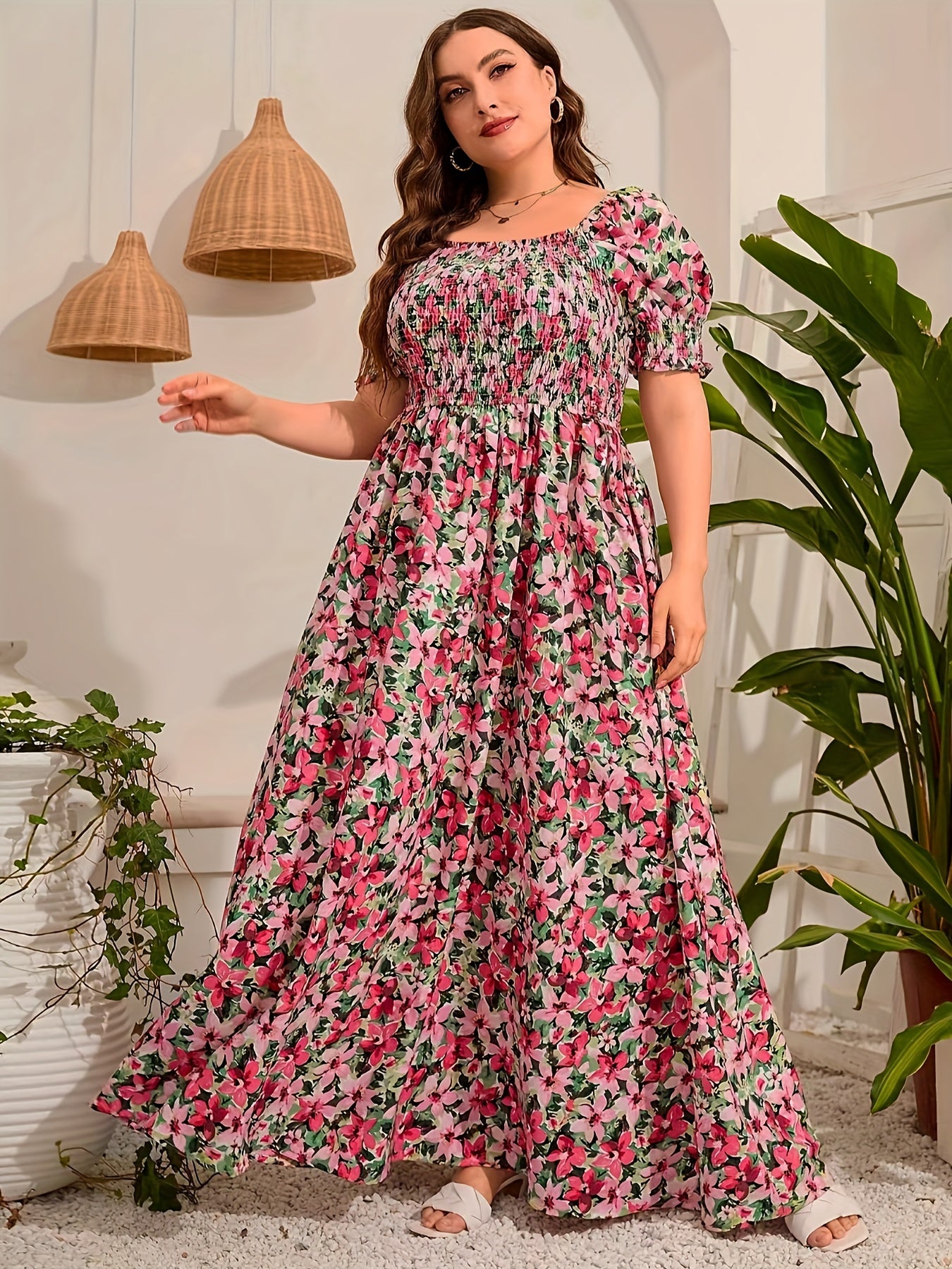 Plus Size Floral Elegance Maxi Dress - Short Sleeves, Shirred Waist, Breezy Fabric | Ideal for Spring/Summer Events & Casual Wear