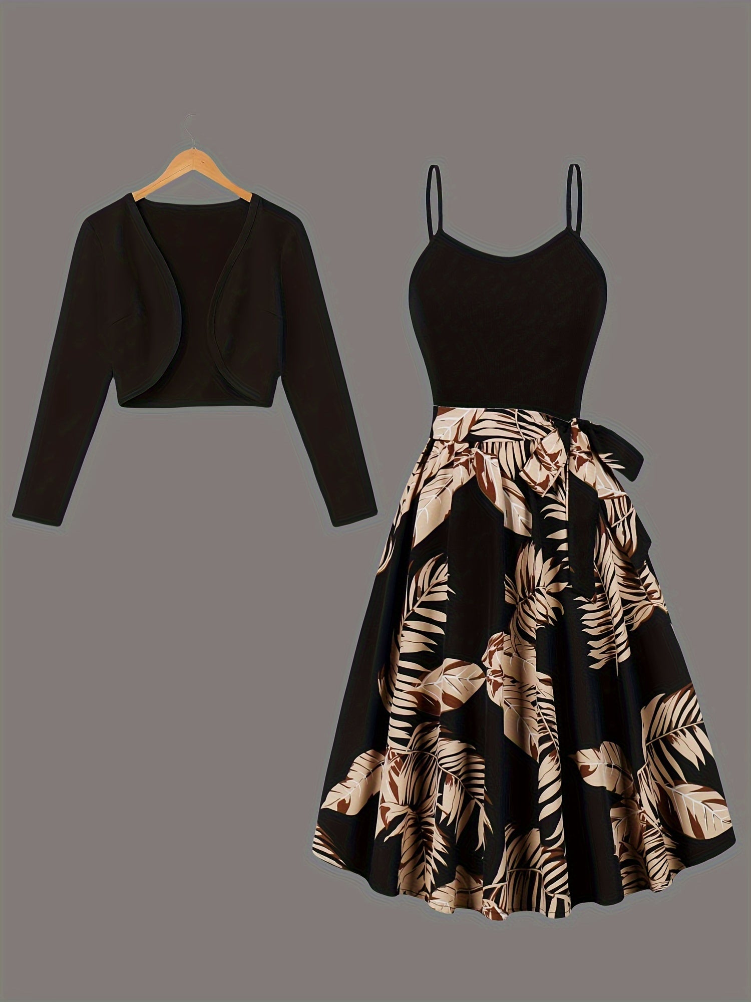 Leaf Print Pleated Elegant Set, Open Front Long Sleeve Cardigan & Backless Sleeveless Belted Cami Dress, Women's Clothing