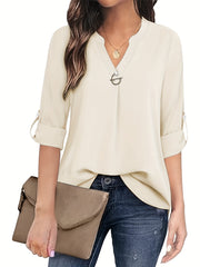 Solid Color Notch Neck Blouse, Casual Long Sleeve Blouse For Spring & Fall, Women's Clothing