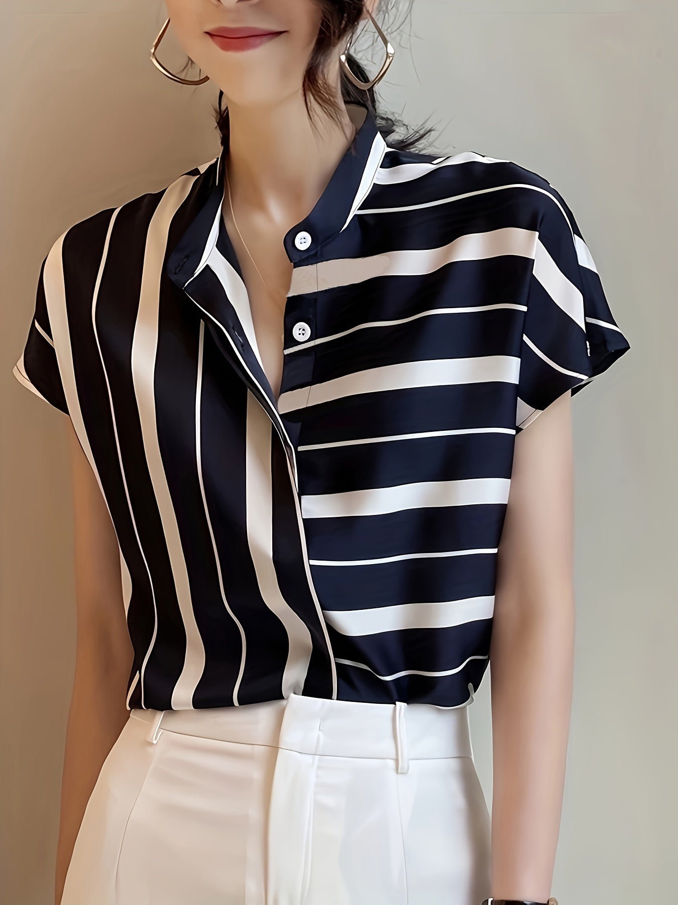 Stripe Print Button Front Blouse, Casual Short Batwing Sleeve Top For Spring & Summer, Women's Clothing