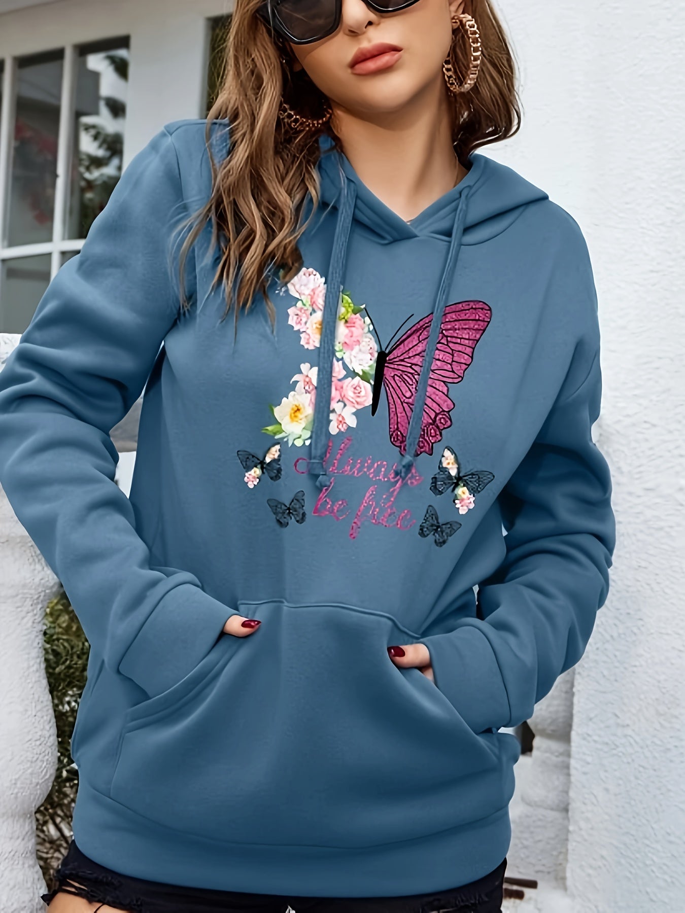 Fashionable Womens Floral Butterfly Hoodie Sweatshirt - Comfortable Drawstring Hood, Roomy Kangaroo Pocket, Long Sleeves - Casual Style with Vibrant Print - Perfect for Your Wardrobe