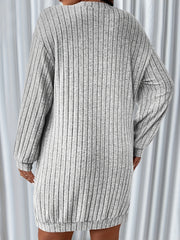 Plus Size Solid Ribbed Sweater Dress, Casual Long Sleeve V Neck Slight Loose Fit Sweater Dress With Pockets, Women's Plus Size Clothing