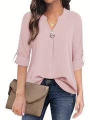 Solid Color Notch Neck Blouse, Casual Long Sleeve Blouse For Spring & Fall, Women's Clothing