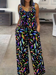 Plus Size Geo Print Jumpsuit, Casual Sleeveless Jumpsuit With Pockets For Spring & Summer, Women's Plus Size Clothing