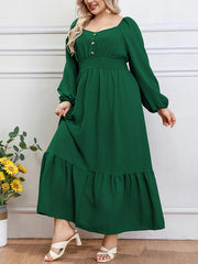 Plus Size Solid Button Front Dress, Casual Crew Neck Long Sleeve Ruffle Hem Dress, Women's Plus Size Clothing