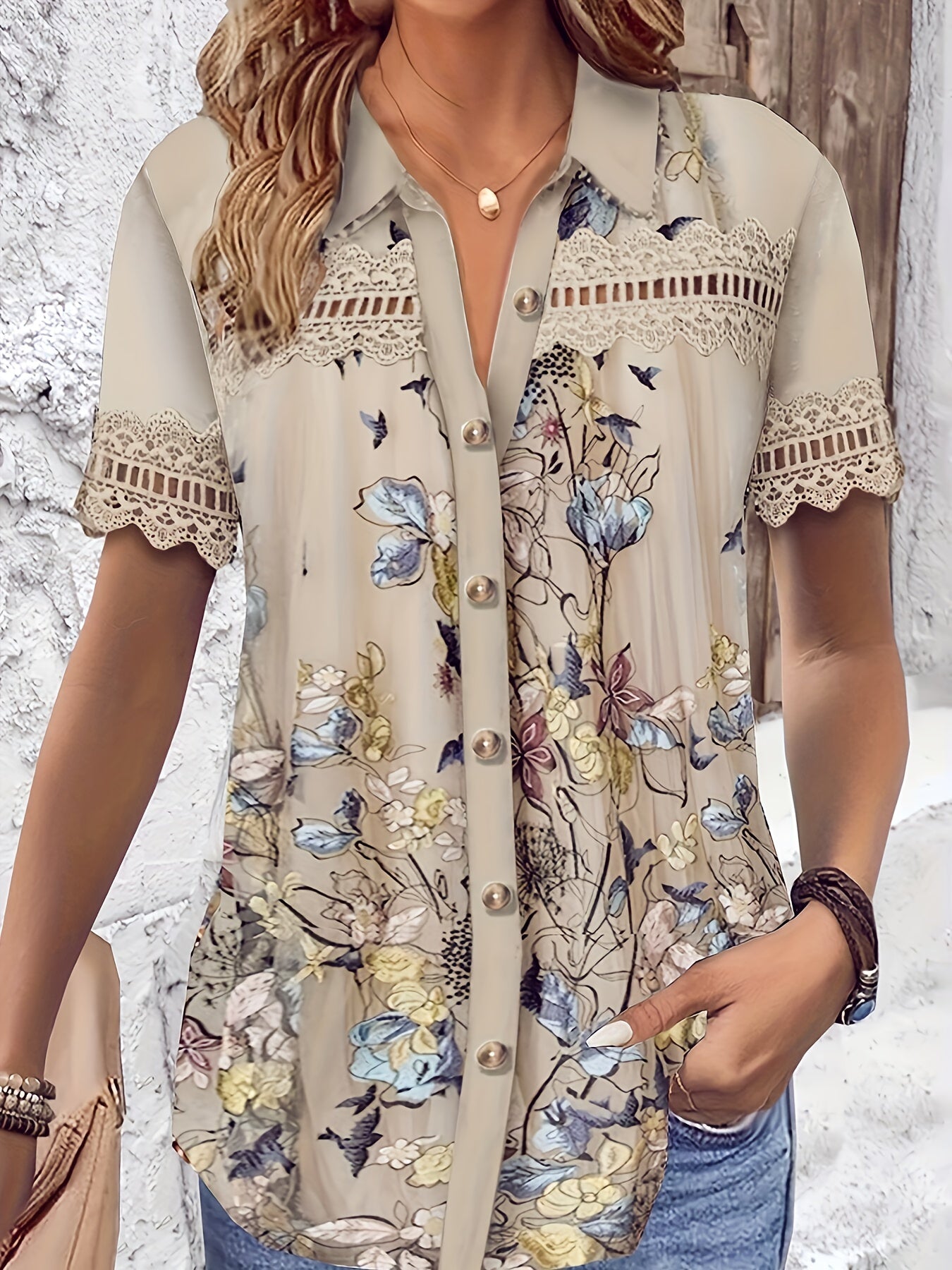 Floral Print Button Front Shirt, Casual Cut Out Short Sleeve Shirt For Spring & Summer, Women's Clothing