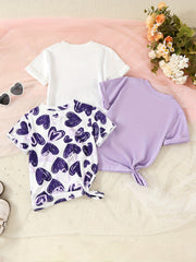 3pcs Adorable Girls Heart Print T-Shirt Set - Ultra-Sweet Short Sleeve Tees for Summer Fun, Perfect Valentines Day Party Outfit or Gift