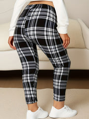 Plus Size Plaid Print Skinny Leggings, Casual High Waist Stretchy Leggings For Spring & Summer, Women's Plus Size Clothing