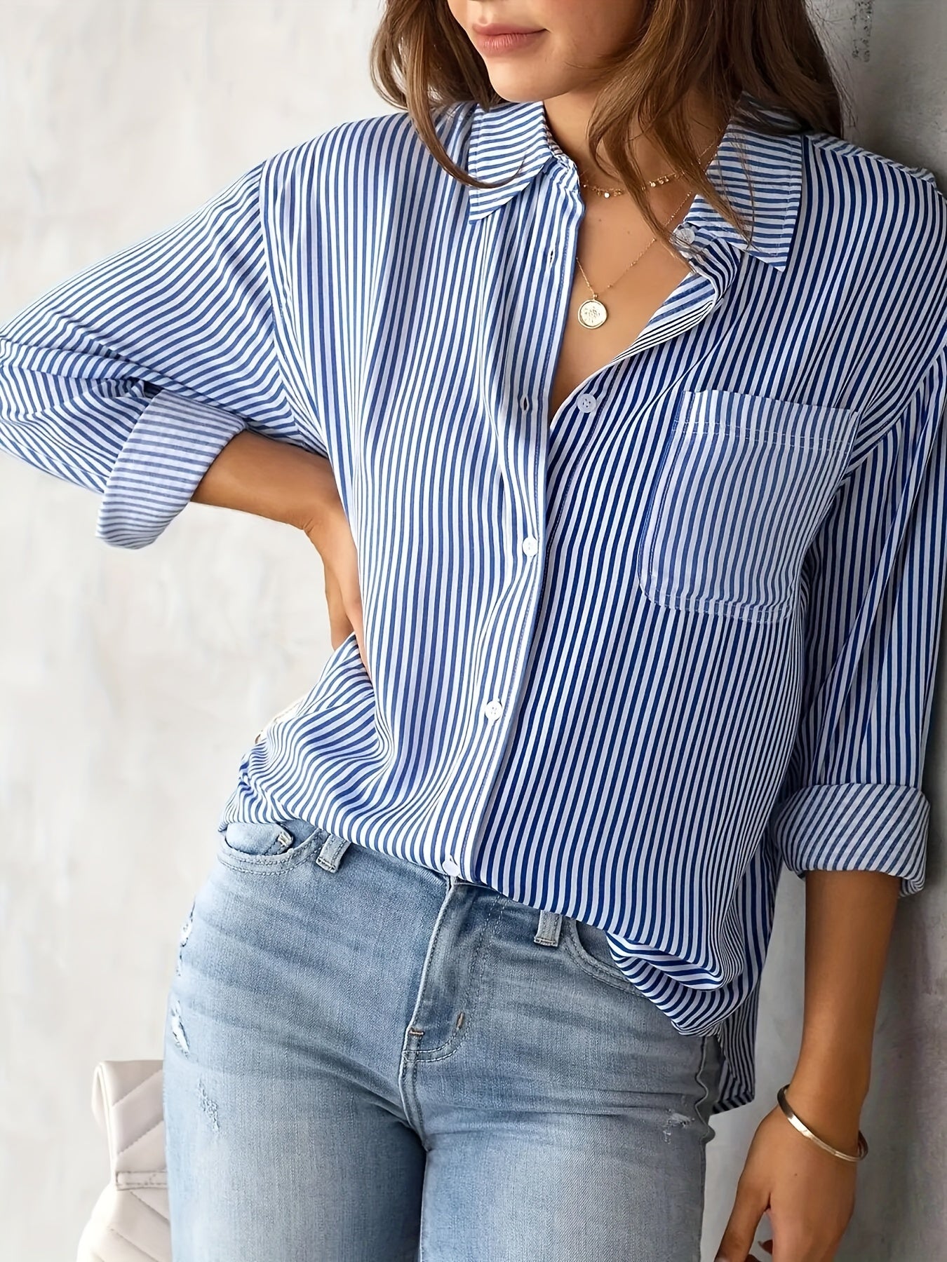 Striped Print Button Front Shirt, Casual Long Sleeve Shirt With Pocket, Women's Clothing