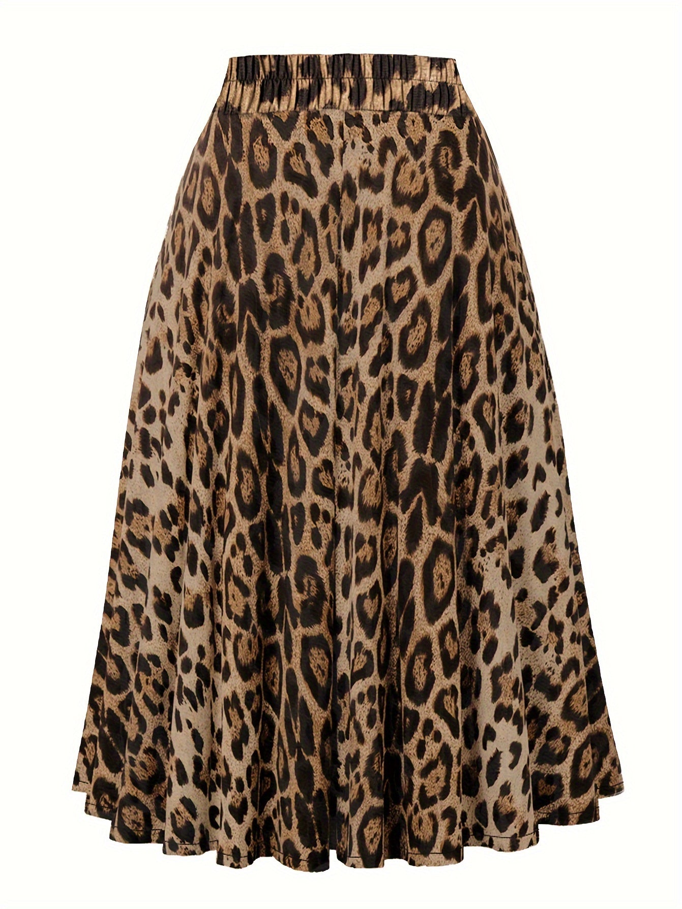 Plus Size Retro Skirt, Women's Plus Leopard Print Elastic Tie Waist Swing A-line Skirt