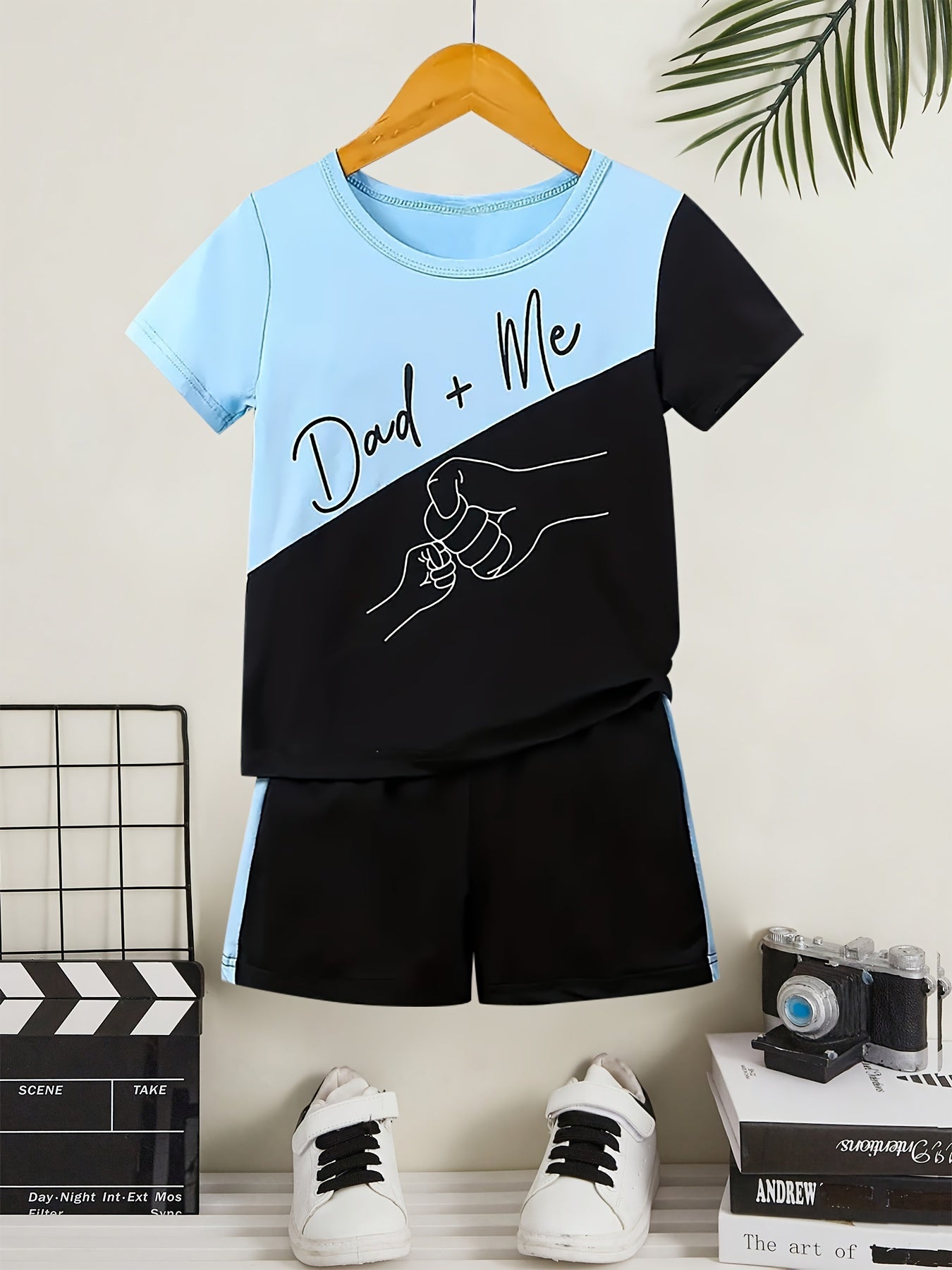 2pcs Boys Casual DAD+ME Letter And Fist Print Comfortable Versatile Short Sleeve T-shirt & Shorts Set, Cool, Lightweight And Comfy Summer Clothes!