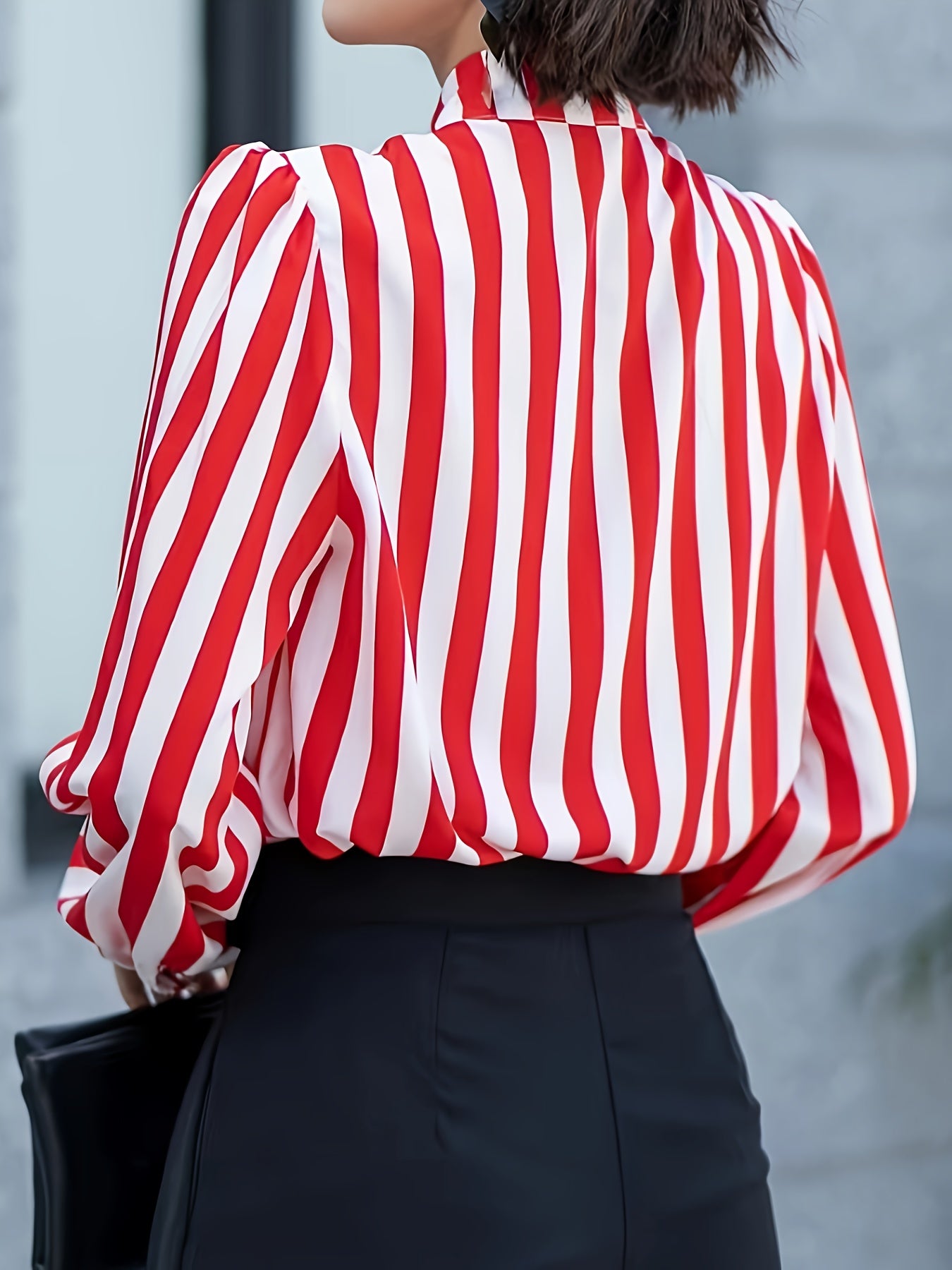 Striped Print Button Decor Blouse, Elegant Long Sleeve Blouse For Spring & Fall, Women's Clothing