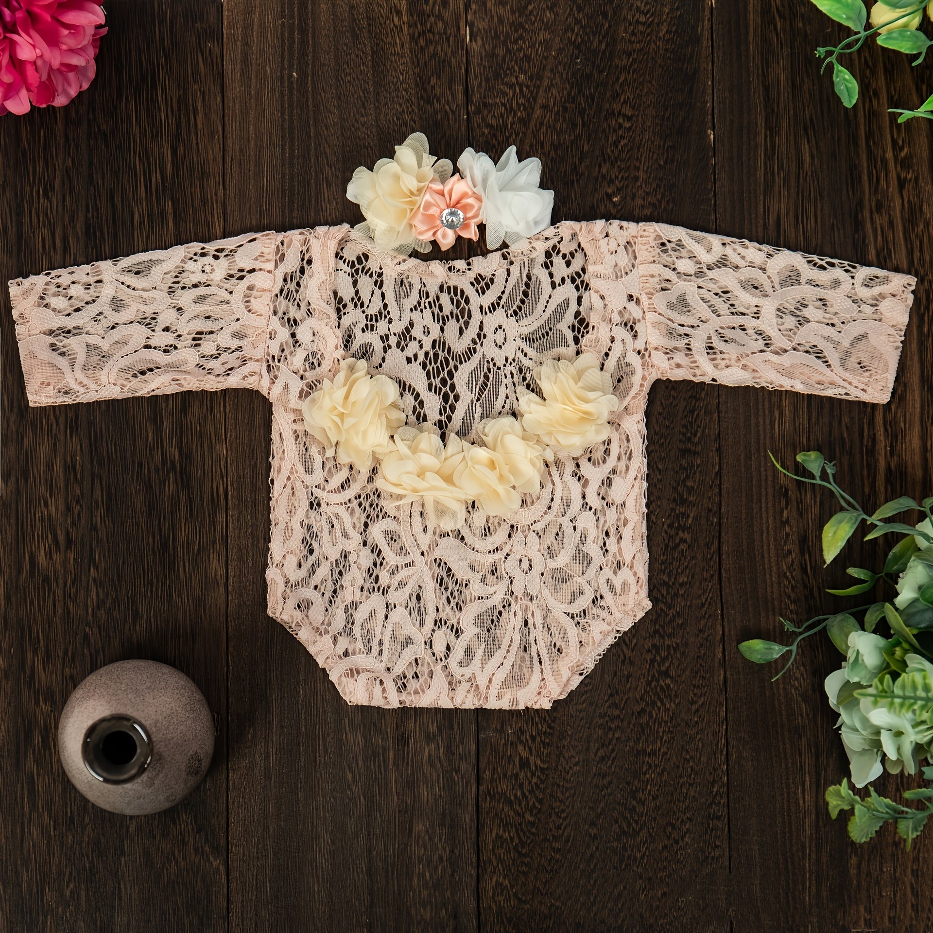 Newborn Lace Romper Photo Clothes, Headband With Artificial Diamond Pearl Hair Accessories, Infant Chiffon Lace Photography Long Sleeve Embroidered Stretch Lace Romper