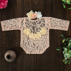 Newborn Lace Romper Photo Clothes, Headband With Artificial Diamond Pearl Hair Accessories, Infant Chiffon Lace Photography Long Sleeve Embroidered Stretch Lace Romper