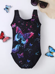 1-Piece Girls Butterflies Print Swimsuit - Sleeveless, Stretchy & Vibrant Design - Perfect for Pool & Beach Adventures