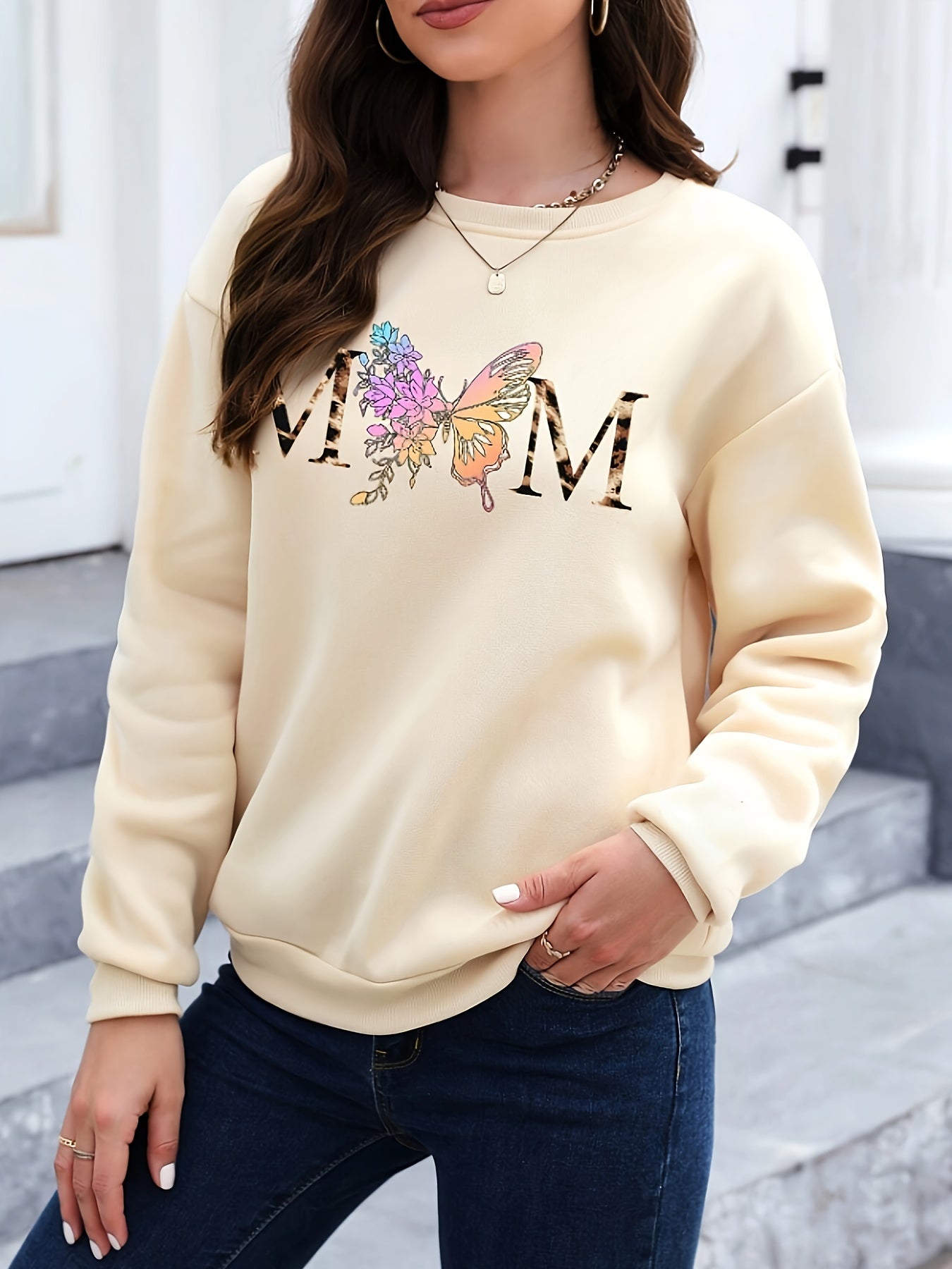 Butterfly typography Print Womens Pullover Sweatshirt - Fashionable Casual Style with Comfortable Long Sleeves & Classic Crew Neck - Premium Quality Everyday Wear - Trendy Womens Clothing