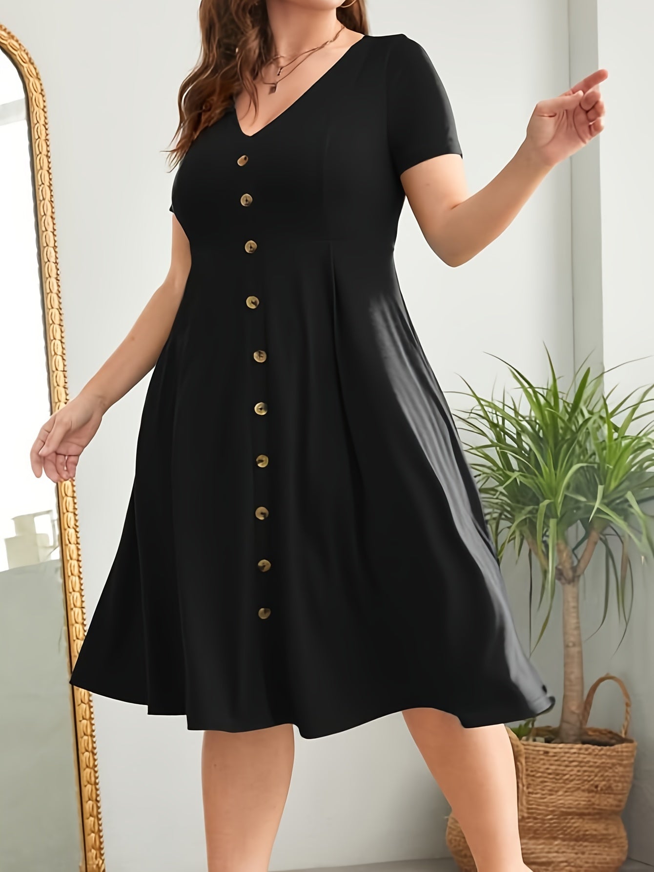 Plus Size Solid Button Front Swing Dress, Casual Short Sleeve V Neck Knee Length Dress For Spring & Summer, Women's Plus Size Clothing