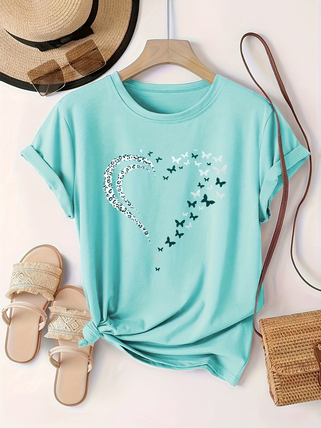 Plus Size Butterfly Heart Print Crew Neck T-Shirt - Soft Slight Stretch Fabric, Positioning Printing, Casual Short Sleeve Top for Spring & Summer - Womens Comfortable Knit Fabric Clothing for Warm Weather