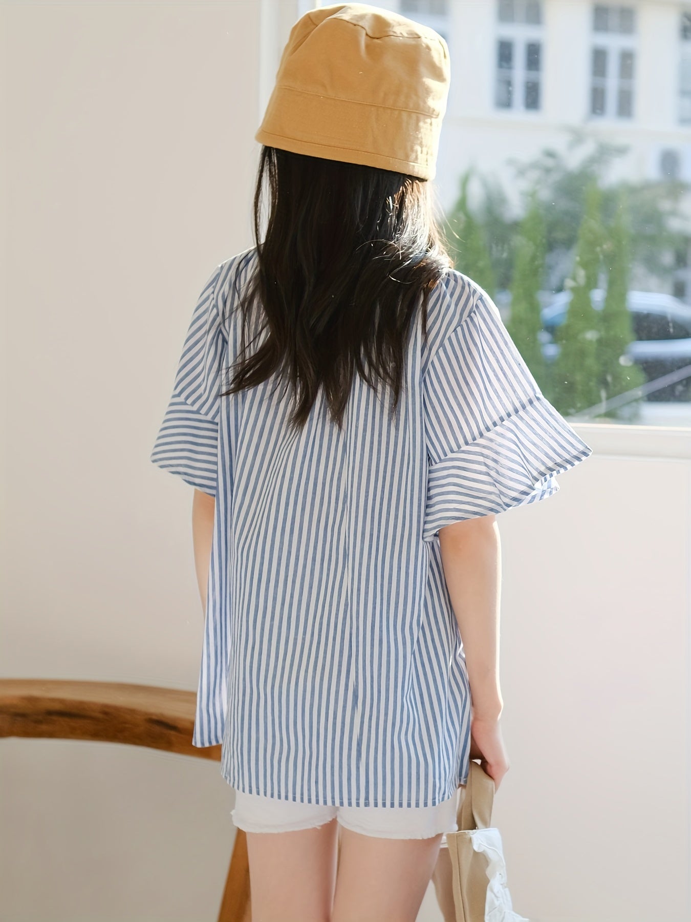 Casual Girls Stripe Blouse Flounce Sleeve Loose Summer Tops