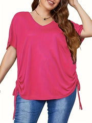 Plus Size Womens Tops with Drawstring Detail - Ultra-Comfortable High Stretch Casual Style - Flattering Half Sleeves for Curvy Figures