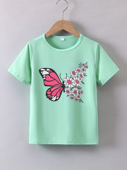 Butterfly Wing With Flowers Graphic Print Tee, Girls' Casual & Comfy Short Sleeve Crew Neck T-shirt For Spring & Summer, Girls' Clothes