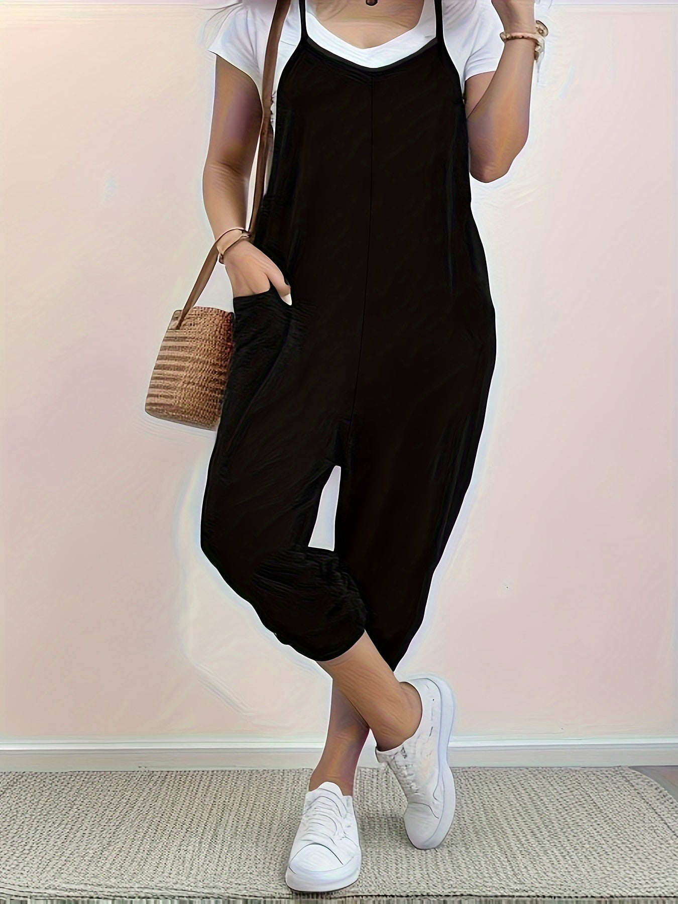 Plus Size Solid Color Overall Jumpsuit, Casual Pockets Overall Jumpsuit For Spring & Summer, Women's Plus Size Clothing