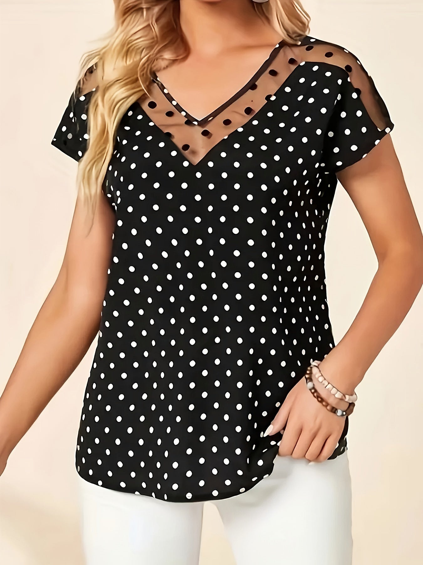 Polka-dot Pattern Mesh Splicing Blouse, Vintage V-neck Short Sleeve Loose Blouse For Spring & Fall, Women's Clothing