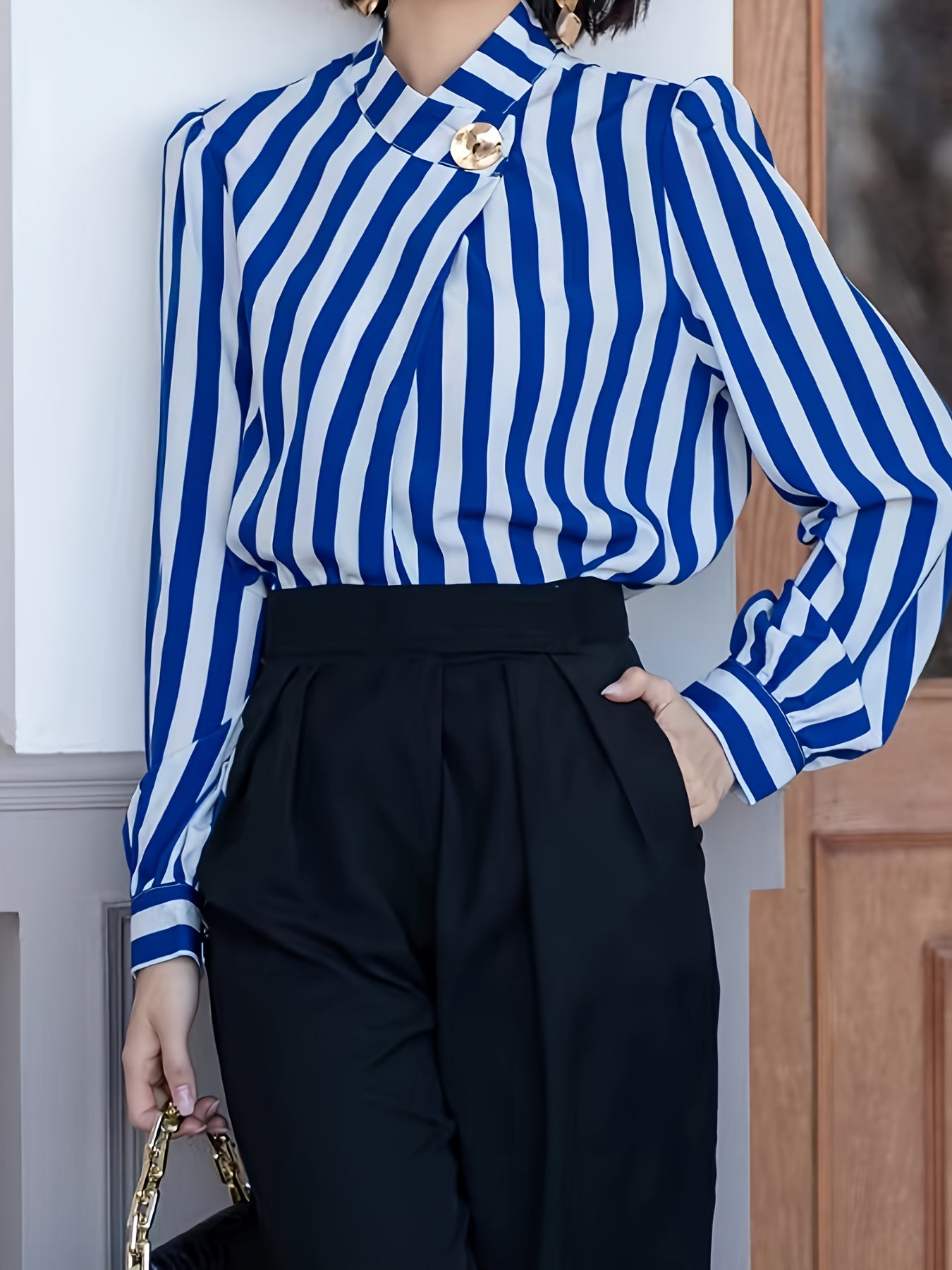 Striped Print Button Decor Blouse, Elegant Long Sleeve Blouse For Spring & Fall, Women's Clothing