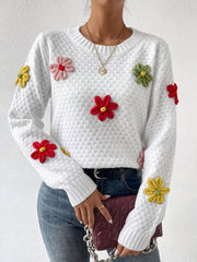 Floral Design Crew Neck Knitted Sweater, Casual Long Sleeve Drop Shoulder Pullover Sweater For Fall & Winter, Women's Clothing