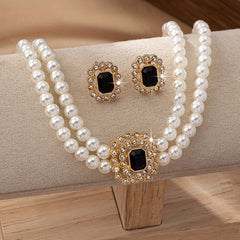 Luxury & Sexy Double Row Imitation Pearl Necklace And Earrings Set With Square Rhinestone Accents, Acrylic Fashion Jewelry For Women - Daily Wear, All-Season