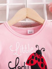 Girls Cartoon Ladybug Outfit - Complete 2-Piece Set with Comfortable Short Sleeves, Adorable Ruffled Hem Detail, Soft and Breathable Cotton Fabric, Vibrant Cartoon Ladybug Pattern, and All-Over Ladybug Print Design