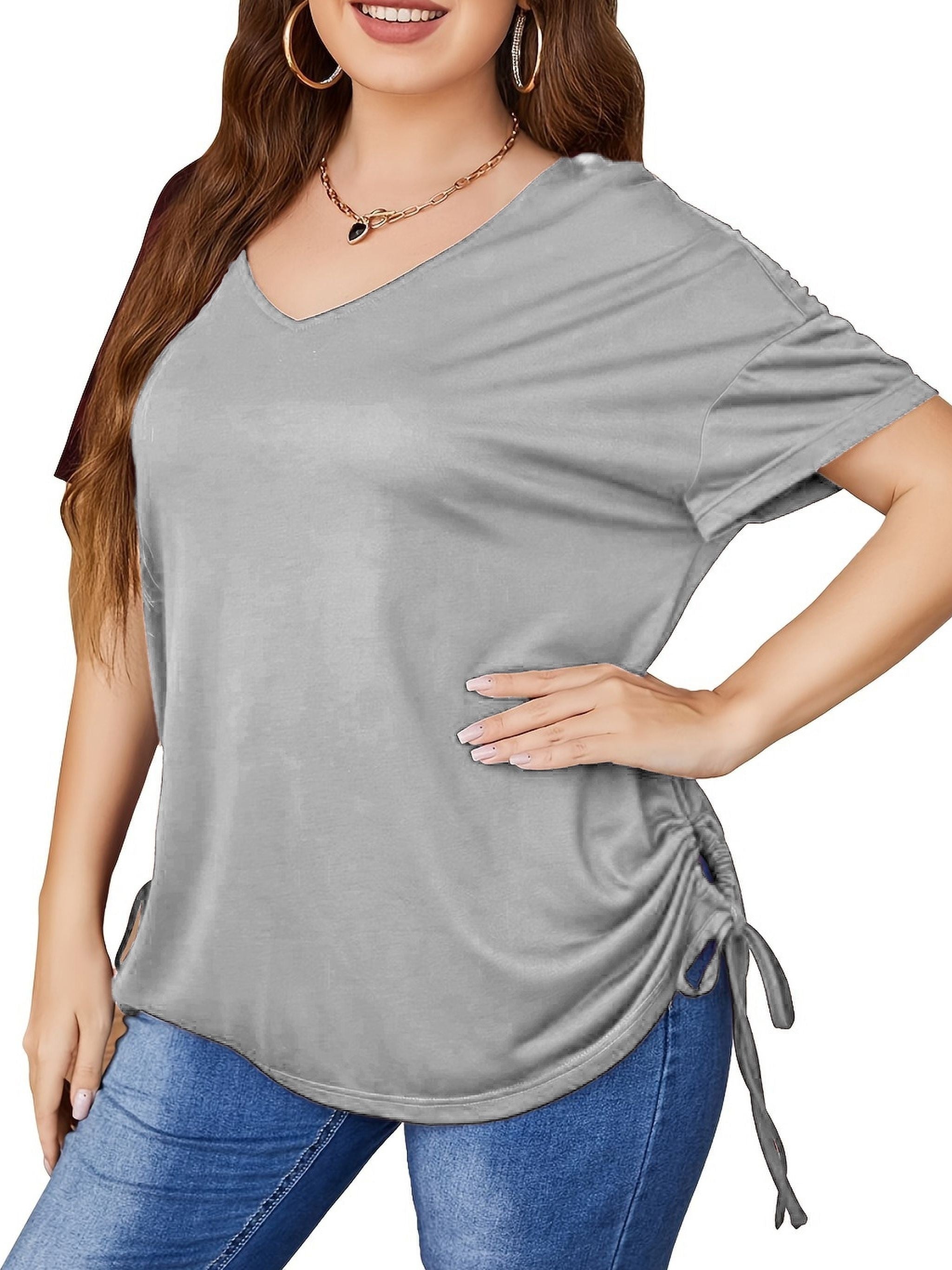 Plus Size Womens Tops with Drawstring Detail - Ultra-Comfortable High Stretch Casual Style - Flattering Half Sleeves for Curvy Figures