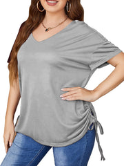 Plus Size Womens Tops with Drawstring Detail - Ultra-Comfortable High Stretch Casual Style - Flattering Half Sleeves for Curvy Figures