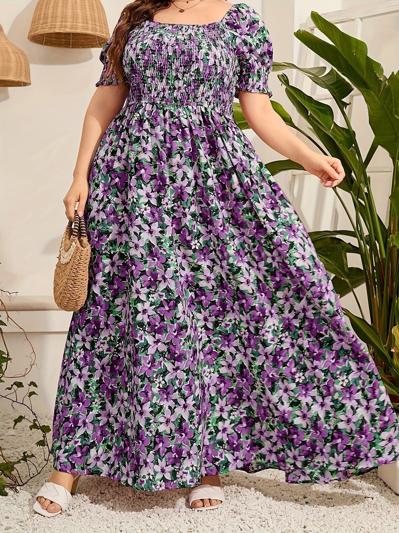 Plus Size Floral Print Maxi Dress - Flattering Cinched Waist & Short Sleeves - Boho Shirred Beach Vacation Dress for Spring & Summer