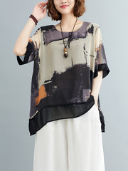 Abstract Print Crew Neck Blouse, Casual Short Sleeve Asymmetric Hem Top For Spring & Summer, Women's Clothing