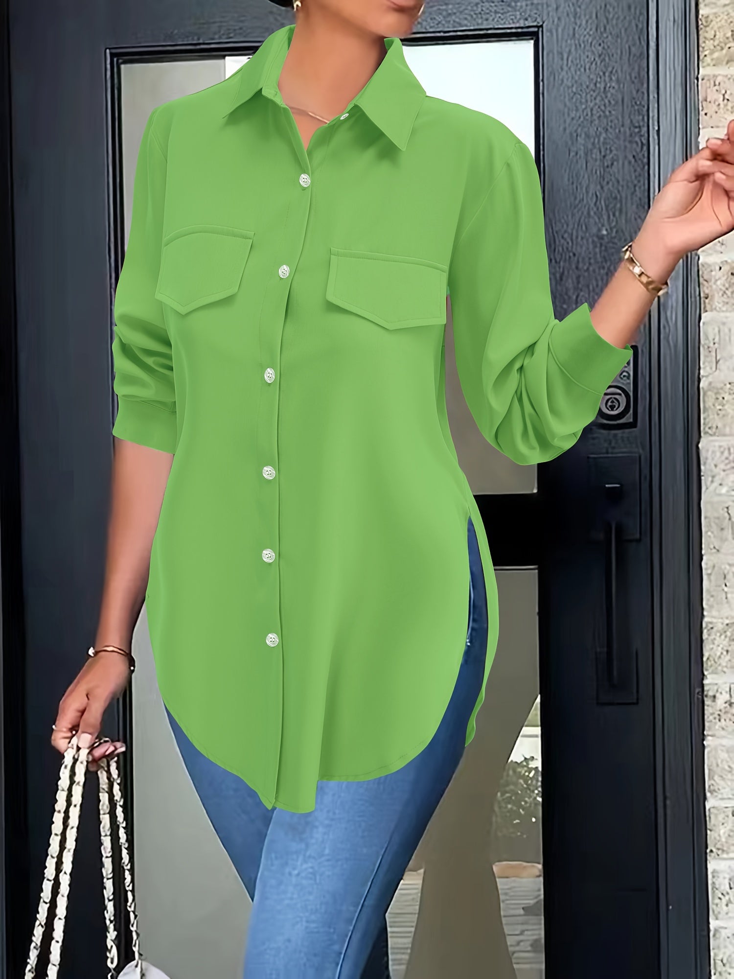 Solid Button Front Simple Shirt, Versatile Shirt For Spring & Fall, Women's Clothing