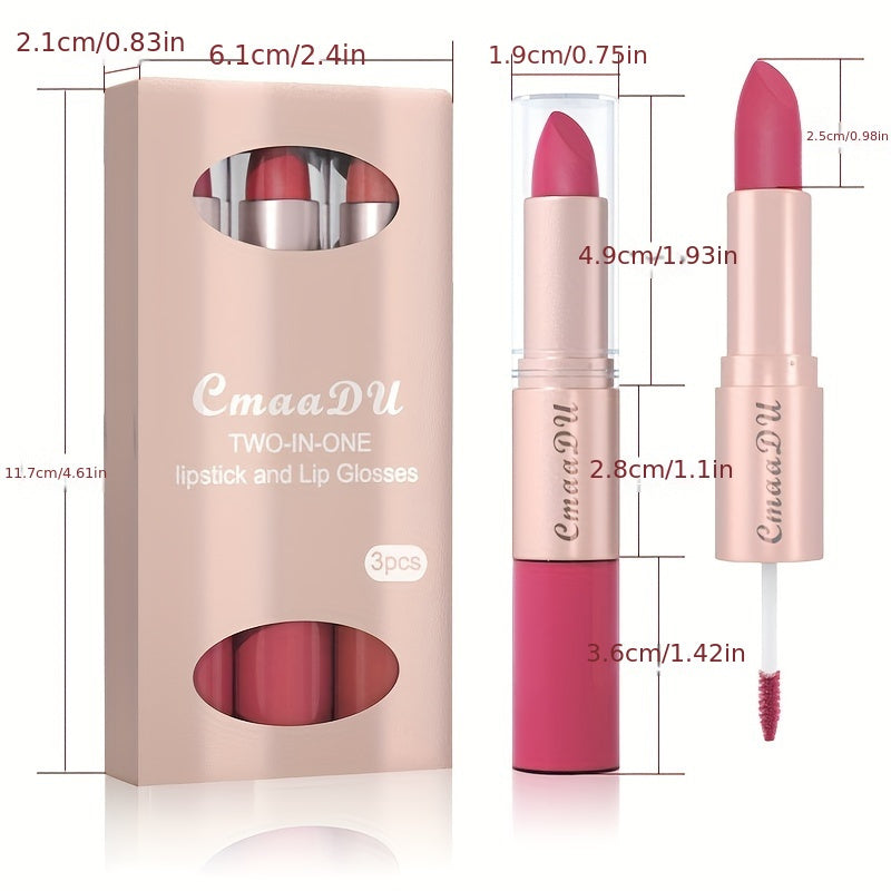 2 In 1 Deep Red Matte Lipstick & Long Lasting Smudge Proof Liquid Lipstick Lip Gloss Stain 3Pcs Set For Women Red Rose Nude Pinkish Matte Mate Vegan Long Lasting Lipstick 24 Hour Pack Waterproof 3