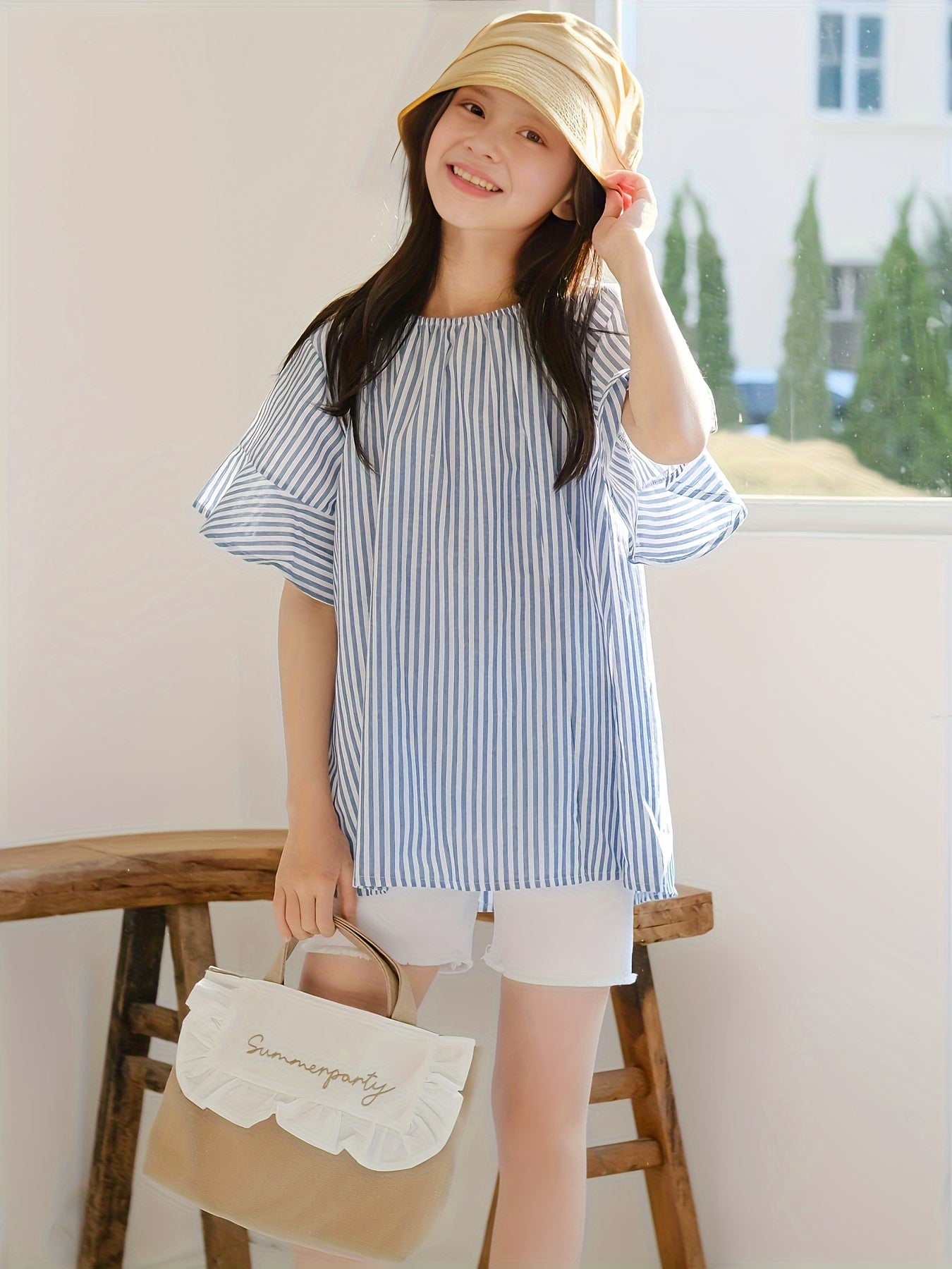 Casual Girls Stripe Blouse Flounce Sleeve Loose Summer Tops