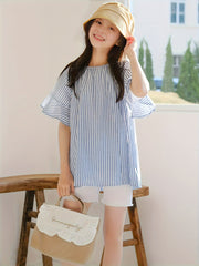 Casual Girls Stripe Blouse Flounce Sleeve Loose Summer Tops