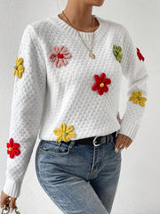 Floral Design Crew Neck Knitted Sweater, Casual Long Sleeve Drop Shoulder Pullover Sweater For Fall & Winter, Women's Clothing