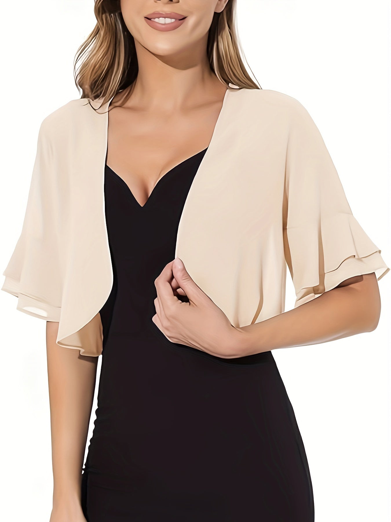 Layered Flare Sleeve Crop Blouse, Versatile Open Front Blouse For Spring & Summer, Women's Clothing