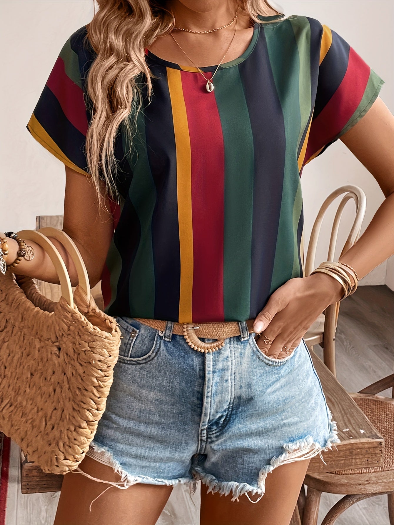 Stripes Print Crew Neck Blouse, Elegant Loose Short Sleeve Blouse For Spring & Summer, Women's Clothing