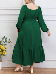 Plus Size Solid Button Front Dress, Casual Crew Neck Long Sleeve Ruffle Hem Dress, Women's Plus Size Clothing