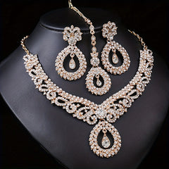 Luxury Accessories Exaggerated Vintage Earrings & Necklace Jewelry Set, Women's Luxury Crystal Party Dress Accessories Clavicle Chain