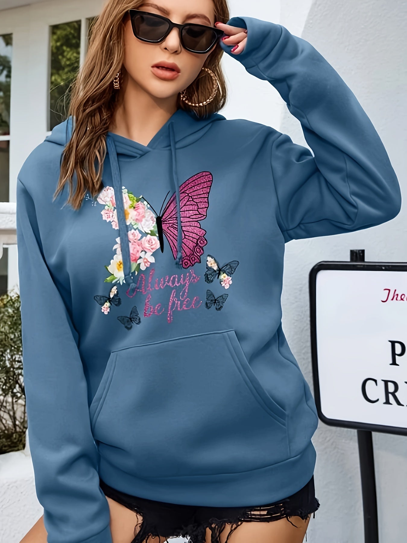 Fashionable Womens Floral Butterfly Hoodie Sweatshirt - Comfortable Drawstring Hood, Roomy Kangaroo Pocket, Long Sleeves - Casual Style with Vibrant Print - Perfect for Your Wardrobe