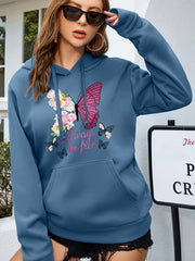 Fashionable Womens Floral Butterfly Hoodie Sweatshirt - Comfortable Drawstring Hood, Roomy Kangaroo Pocket, Long Sleeves - Casual Style with Vibrant Print - Perfect for Your Wardrobe