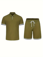 2pcs Mens Summer Fashion Short Sleeve Lapel Golf T-Shirt and Shorts Set - Breathable, Slight Stretch, Regular Fit, Solid Color, Drawstring Waist - Perfect for Tennis, Golf, Commercial Entertainment and Casual Occasions